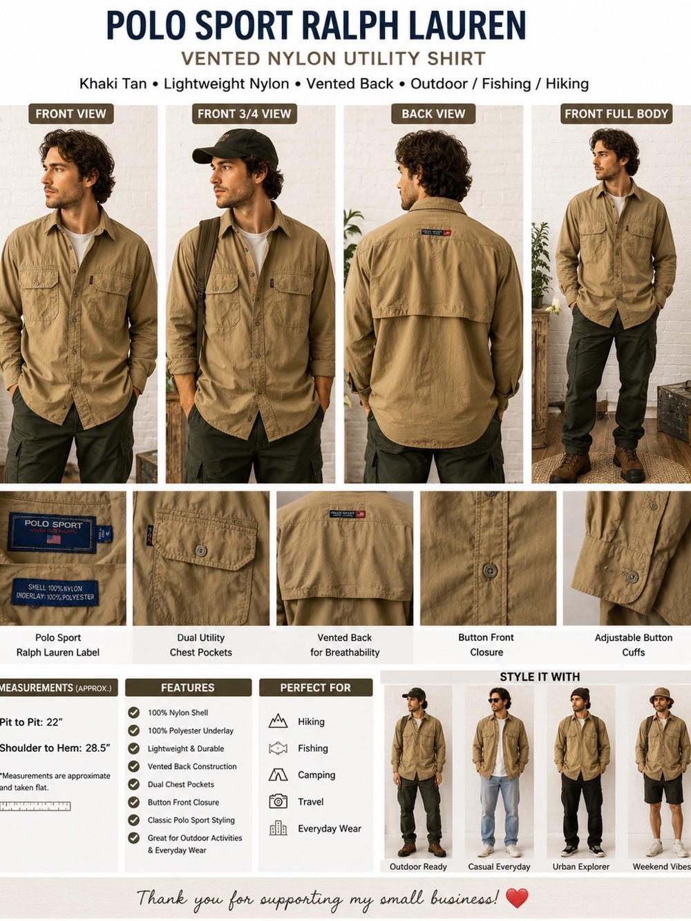 Polo Sport Ralph Lauren Men’s M Vented Nylon Utility Shirt Khaki Tan Outdoor